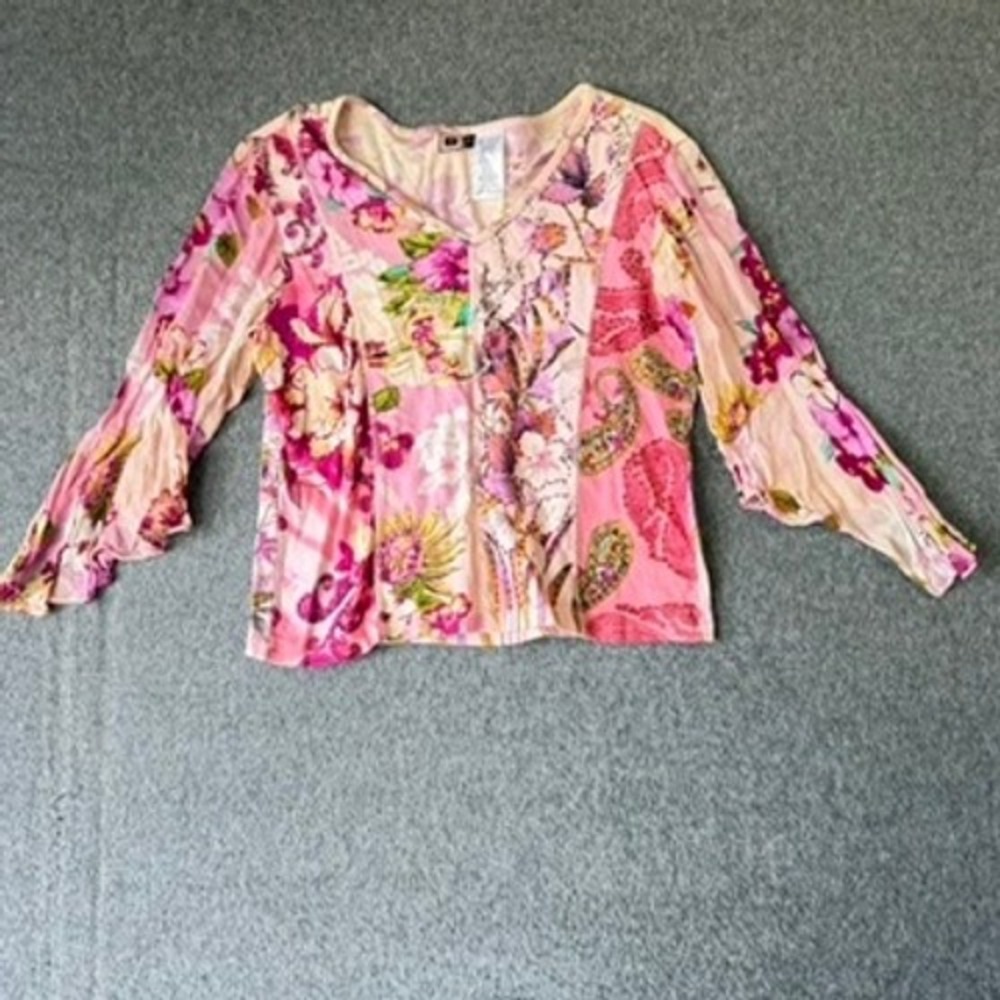 Y2K Forbidden Womens Pink Floral Paisley Mixed Print Ruffle Sleeve‎ Top Large